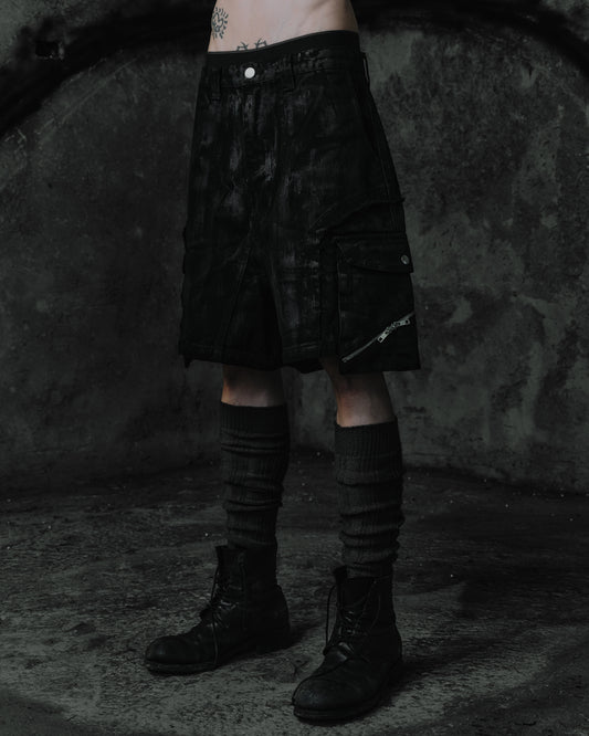 Coated Slanted Zipper Cargo Shorts