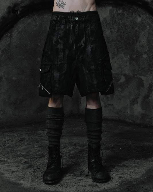 Coated Slanted Zipper Cargo Shorts