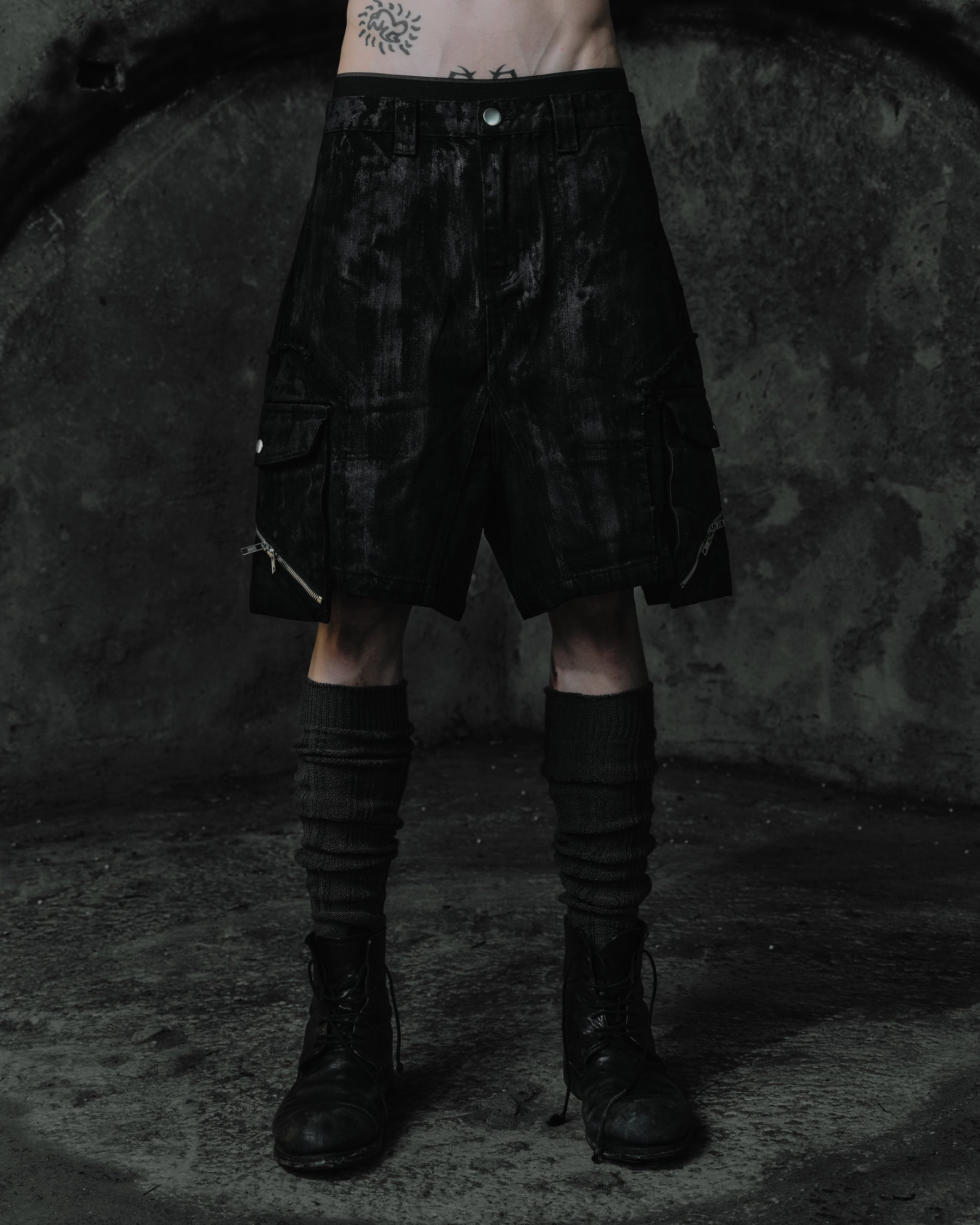 Coated Slanted Zipper Cargo Shorts